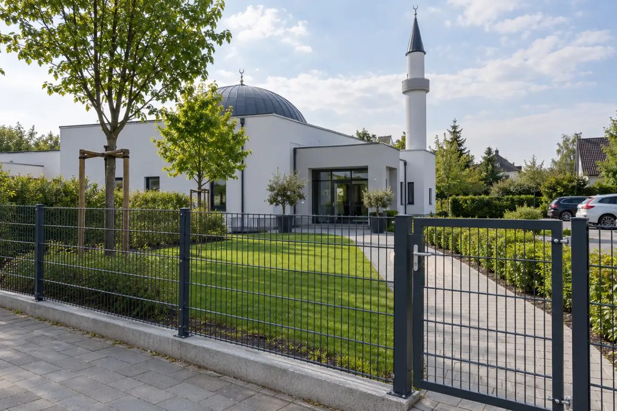 Anthrazitfarbener Doppelstabmattenzaun mit Gehtor vor einem Moscheegebäude mit Gemeindeparkplatz